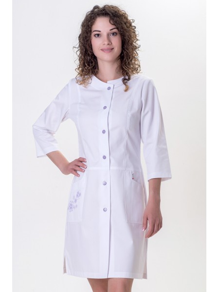 Карина, халат, еліт, білий+бузкова квітка, 3/4 Карина, халат, еліт, білий+бузкова квітка, 3/4